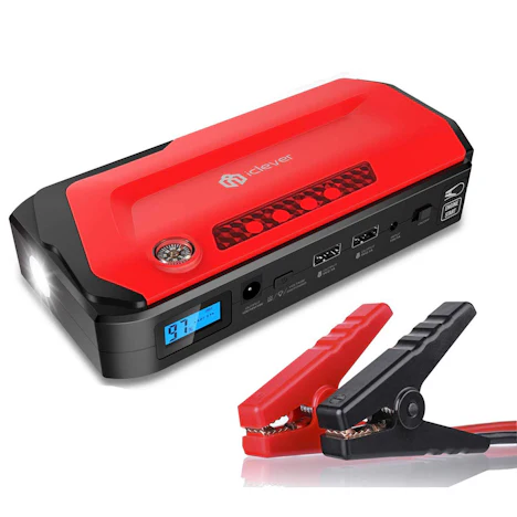 800A 18000mAh Tragbare Auto Starthilfe, iClever Autobatterie Anlasser Externes Akku-Ladegerät mit LED Taschenlampe, Kompass, LCD Display