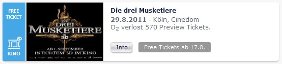 Kostenlos ins Kino zu "Die drei Musketiere" über o2 more - Preview am 29.08.2011 (Update)