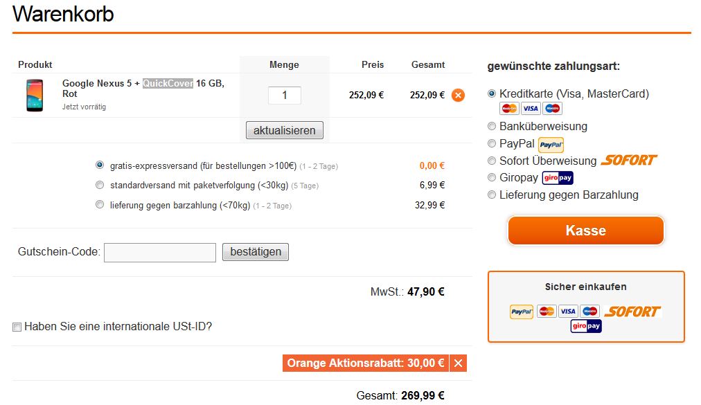 Google Nexus 5 16GB in weiß + Snap Case oder rot + QuickCover für je 267€ 