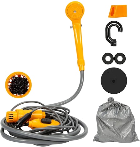 BMOT 12V Camping Dusche Outdoor, Mit Duscheschlauch, Mit Haken und Saugnapf, Wasserreinigungsfilter, Gelb