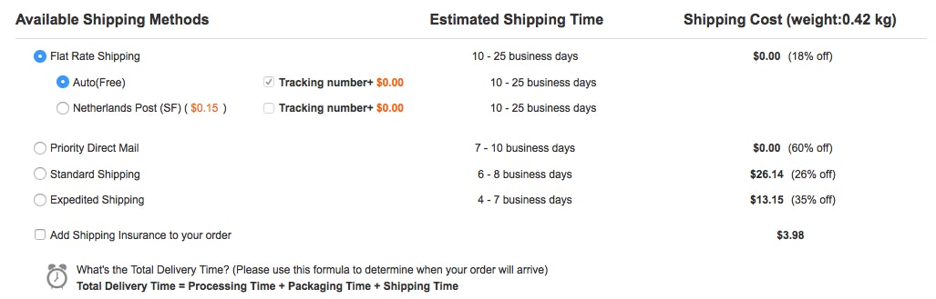 China-Shops-Vergleich: Verschiedene Versandarten können bei Gearbest gewählt werden
