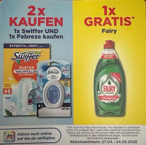 Bei DM: 1x Swiffer plus 1x Febreze kaufen und 1 x Fairy gratis bekommen