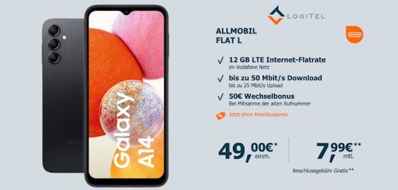 50€ Wechselbonus & kein Anschlusspreis! 🤩 Samsung Galaxy A14 5G mit 12 GB LTE Vodafone-Allnet für nur 7,99€ im Monat