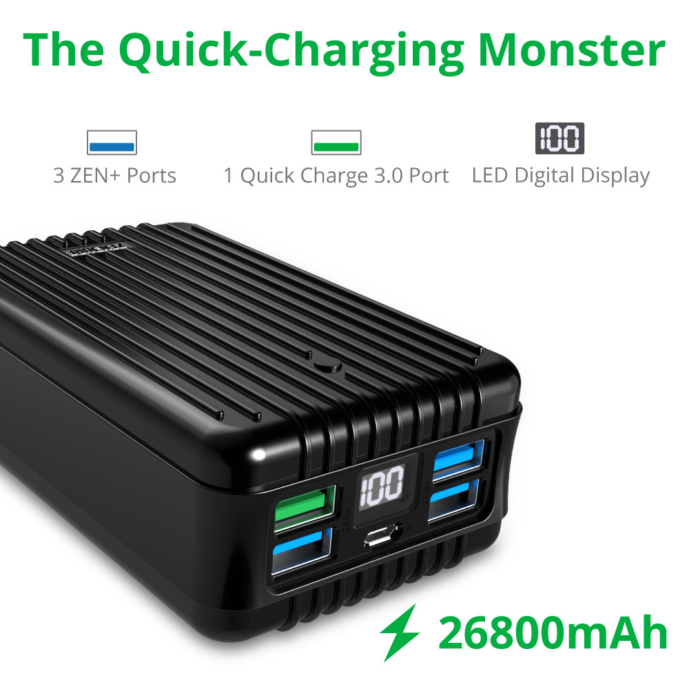10% Rabatt Zendure QC 3.0 Zendure A8 26800mAh Tragbare Externe Akku mit 4 USB Porte und LED Anzeige(Schwarz&amp;Silber)