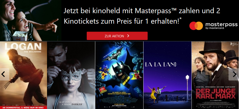 2 Kinotickets zum Preis von 1 - bei Zahlung mit Masterpass