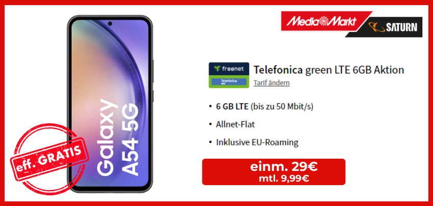Eff. gratis! 🤩 Samsung Galaxy A54 5G mit 6GB Telefonica Allnet-Flat für 9,99€ mtl. 