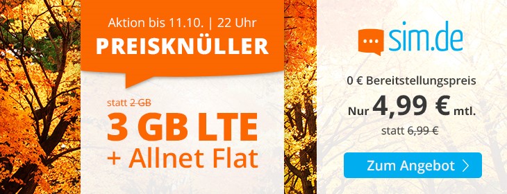 LTE All 3 GB bei Sim.de für 4,99€ – 3GB LTE, Allnet- und SMS-Flat, EU-Roaming