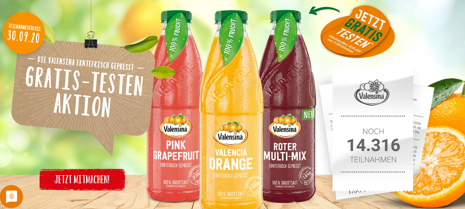 Geld-zurück-Garantie von Valensina: "Erntefrisch Gepresst" Direktsaft gratis testen [GzG]