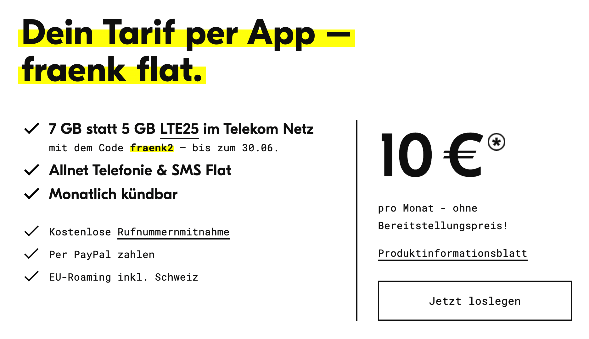 Mehr Datenvolumen! Fraenk.de Telekom LTE 5 + 2 GB für 10€/Monat – 7GB LTE mit 25 MBit/s, Allnet- &amp; SMS-Flat, EU-Roaming inkl. Schweiz 