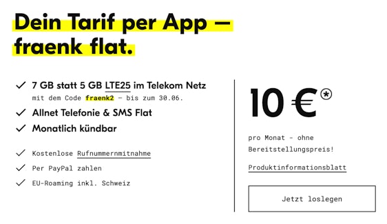 Mehr Datenvolumen! Fraenk.de Telekom LTE 5 + 2 GB für 10€/Monat – 7GB LTE mit 25 MBit/s, Allnet- & SMS-Flat, EU-Roaming inkl. Schweiz