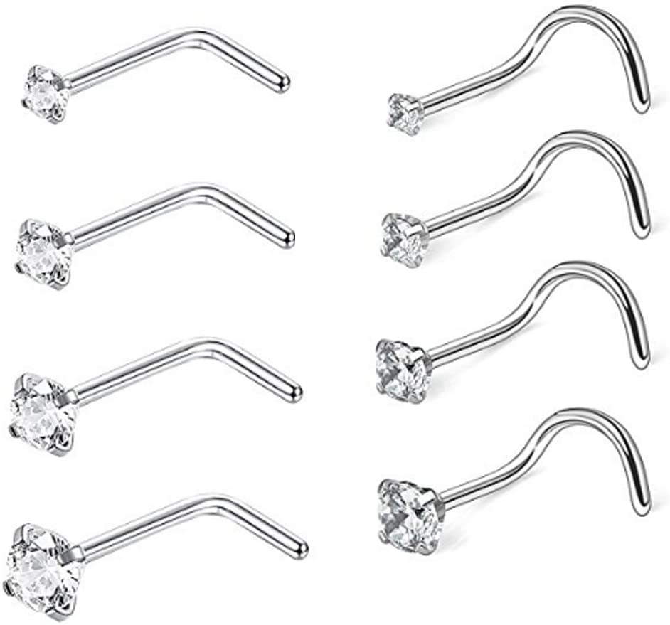 8 Stück 20 Gauge Edelstahl Nasenringe Nieten L-förmige Gauner Nase Piercing Schmuck 1,5 mm 2 mm 2,5 mm 3 mm Diamant