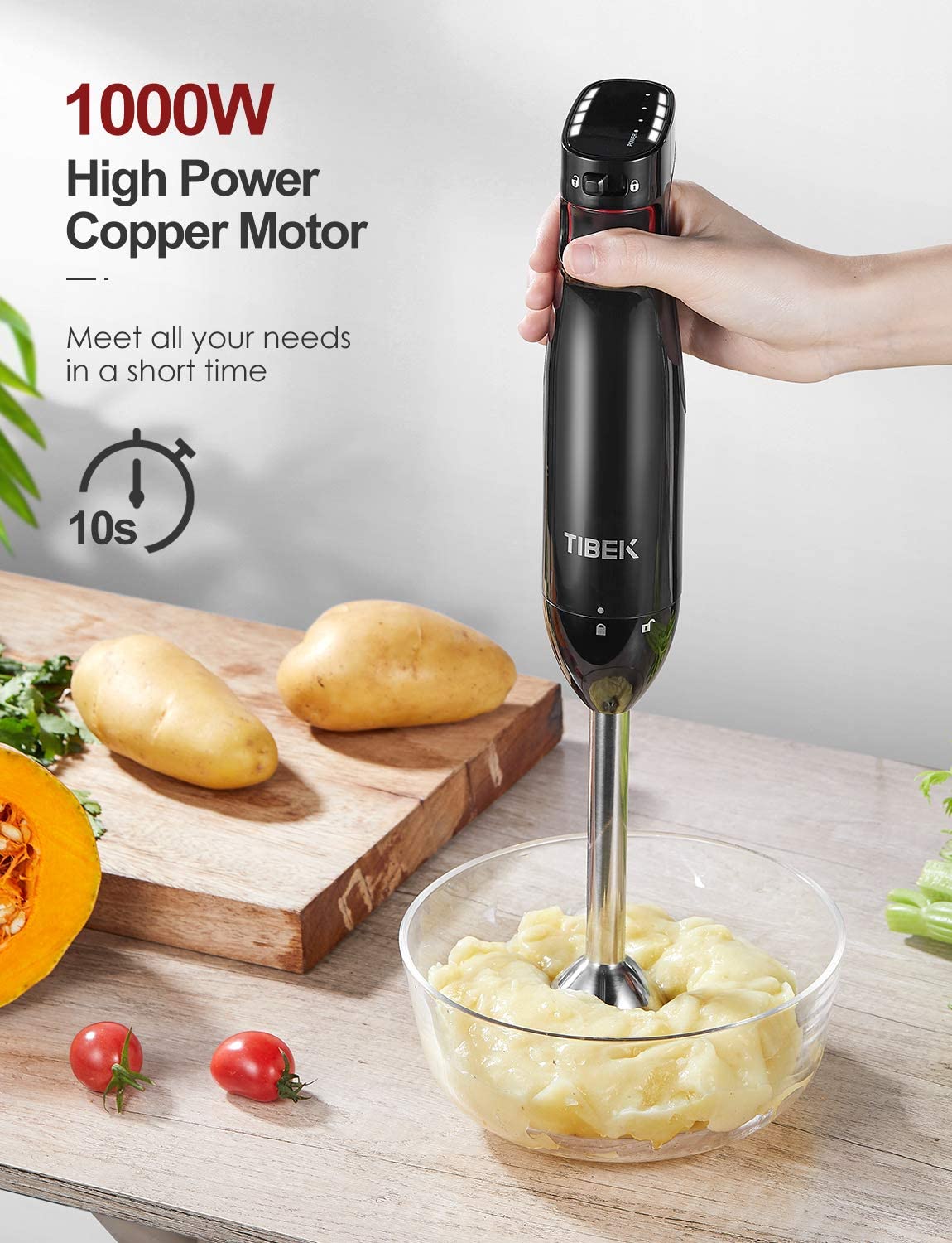 53% off TIBEK Stabmixer 1000W Mehrzweck-Stabmixer mit stufenloser Geschwindigkeitseinstellung Vierflügeliges Edelstahlklingen