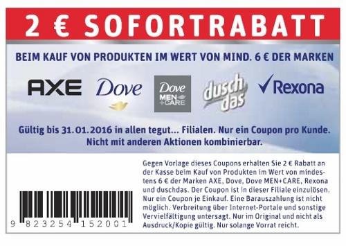 2,00€ Sofort-Rabatt Axe, Dove, Dove Men+Care, dusch das, Rexona