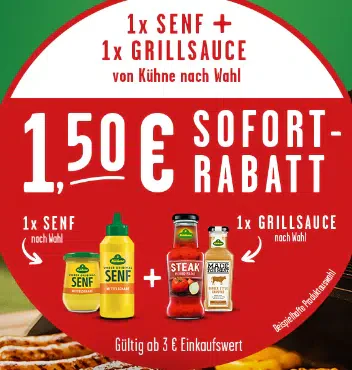 Kühne: 1,50 EUR Sofortrabatt bei Kauf von 1 x Senf UND 1 x Grillsauce im Wert von insgesamt mind. 3 €