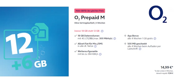 18 GB statt 12 GB! o2 Prepaid M für 14,99€ für 4 Wochen - alle 4 Wochen 1 GB gratis I danach 17,99€
