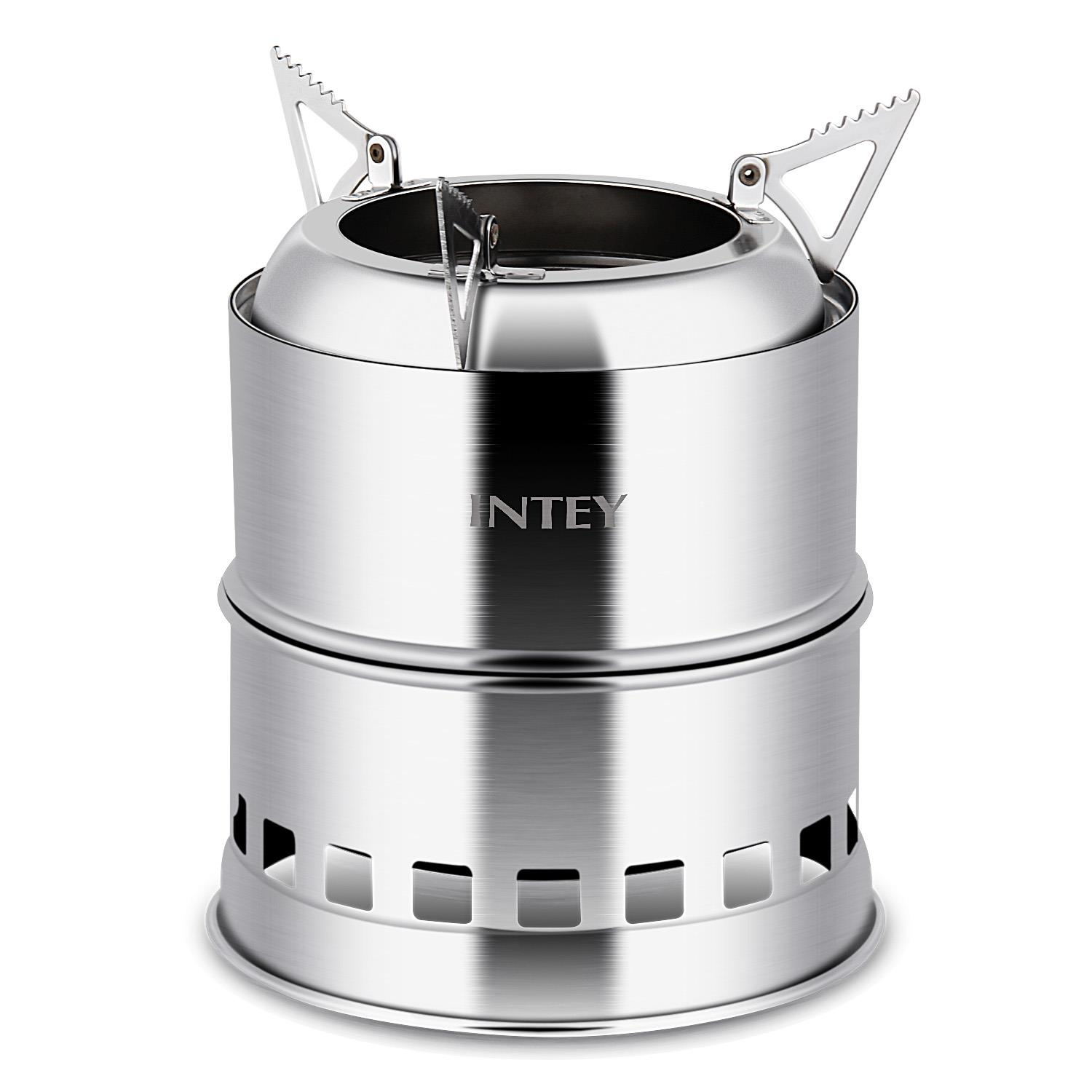 INTEY Campingofen Edelstahl Holzofen Holzvergaser mit Schwarz Nylonnetztaschche beim Kochen unterwegs