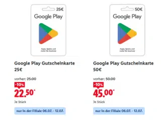 10% Rabatt auf Google Play Gutscheinkarten bei Lidl