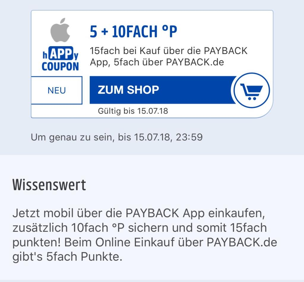 Payback: 15-fache Punkte bei Apple - über die App