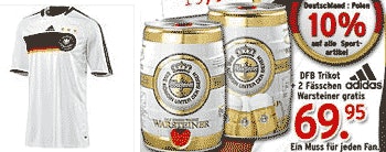 EM-Trikot inkl. 2 5l-Fässchen Warsteiner 67 €