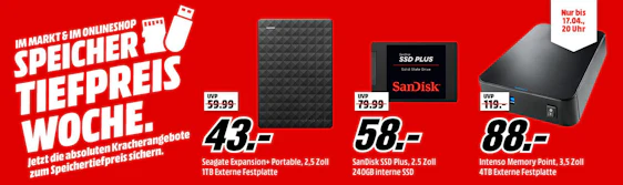 Speicher-Tiefpreiswoche bei Media Markt am 16.04.2018 - z.B. Intenso 4TB für 88€