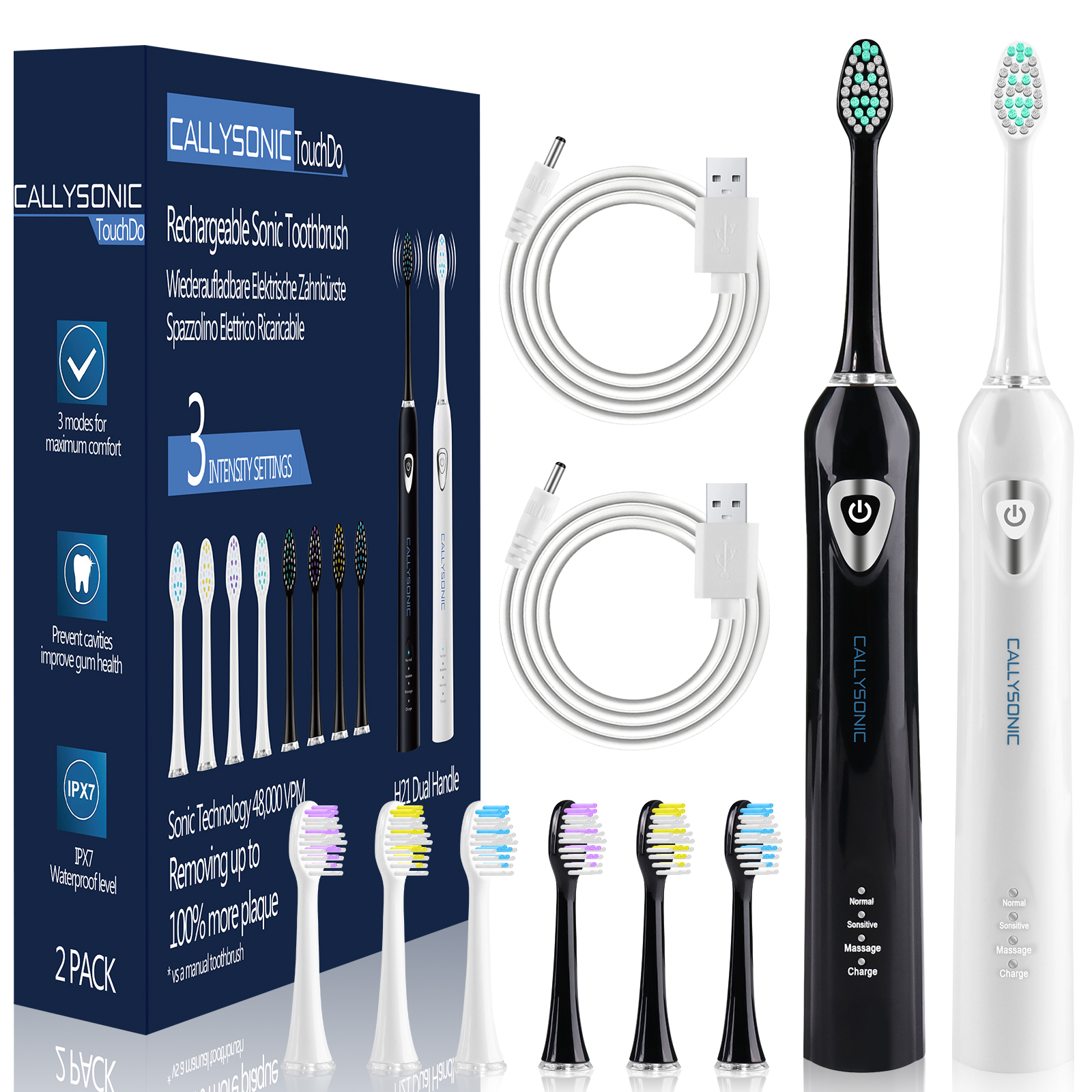 CallySonic 2PK H21 Elektrische Zahnbürste für Erwachsene mit 8 Bürstenköpfen
