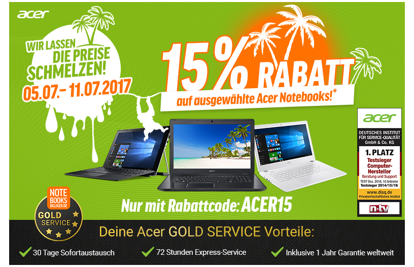 15% Rabatt auf Acer-Notebooks bei Notebooksbilliger - z. B. Acer Aspire ES 15 (ES1-533-P9CX) für 339€