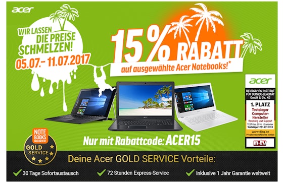 15% Rabatt auf Acer-Notebooks bei Notebooksbilliger - z. B. Acer Aspire ES 15 (ES1-533-P9CX) für 339€