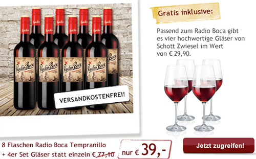 Weinset: 8 Flaschen Rotwein + 4 Rotweingläser von Schott Zwiesel für 39€