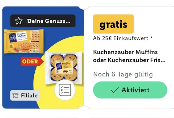 Lidl APP: Gratis Kuchenzauber Muffins oder Frischei-Waffeln (MEW 25 €)