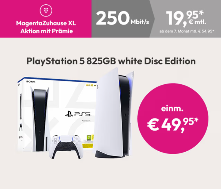 PlayStation 5 (825 GB) für 49,95€ + Magenta Zuhause XL DSL-Tarif (250 Mbit/s) für 19,95€/Monat (ab dem 7. Monat 55€)