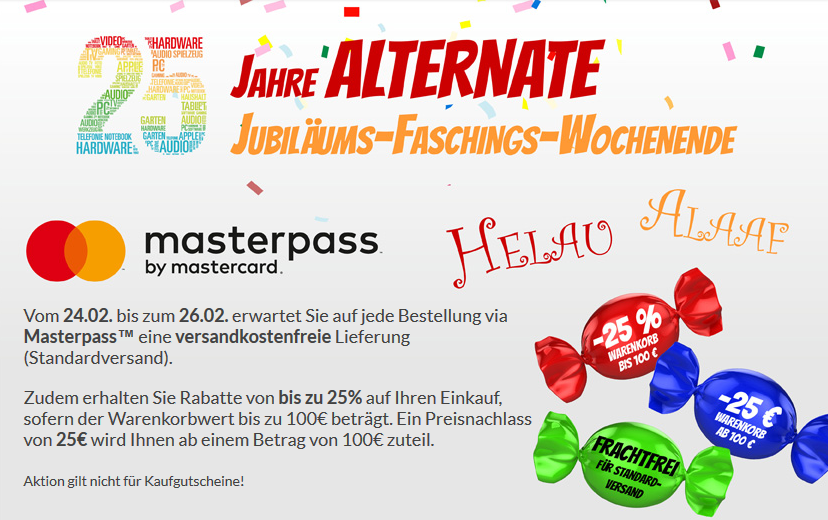 25% Rabatt bei Alternate bei Zahlung mit Masterpass - z.B. PS4 Controller für 36€ oder 50€ PSN-Guthaben für 34€