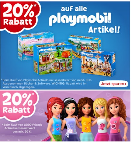 ToysRus: 20% Rabatt auf Playmobil und LEGO Friends Spielzeug - Mindestbestellwert 30€