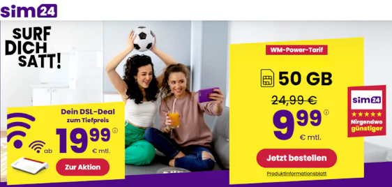 0€ Anschlusspreis 🚀 sim24 5G Allnet-Flats - 50GB nur 9,99€ mtl.