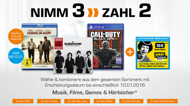 Saturn: Nimm 3 zahl 2 Aktion auf Musik, Filme, Games &amp; Hörbücher + 10€ Juke-Gutschein