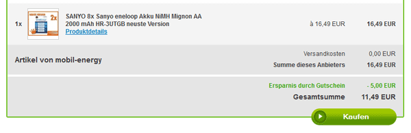 8 x Sanyo eneloop AA Batterien für 11,49€