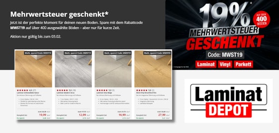 19% MWST geschenkt auf über 400 Laminatböden