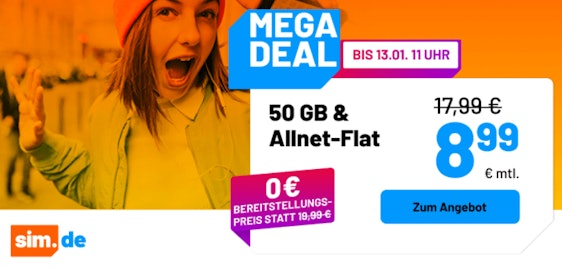 Ohne Anschlussgebühr 👀 sim.de Allnet-Flats » z.B. 50GB für 8,99€ mtl. 🤩