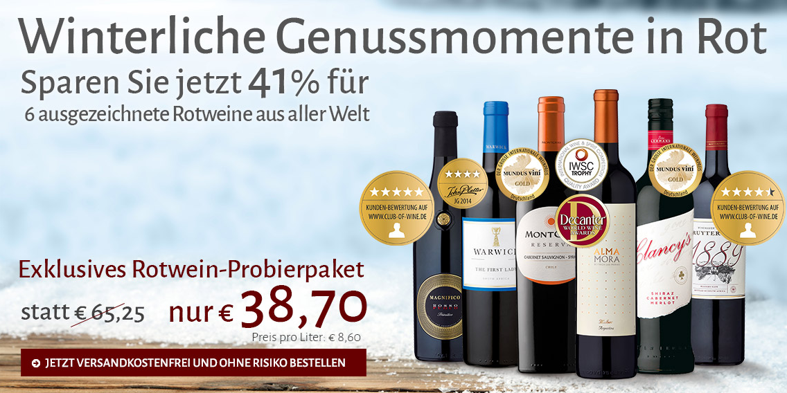 Rotwein-Probierpaket mit 6 Flaschen bei Club of Wine für 39€