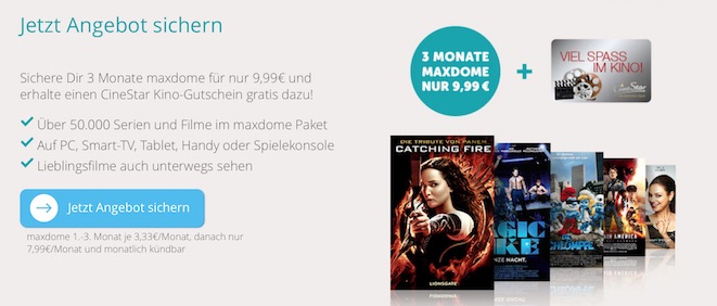 3 Monate Maxdome + Cinestar Gutschein für 9,99€