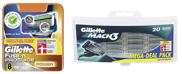 Rasierklingen im Angebot bei Amazon: z.B. Fusion ProGlide Power 8 Klingen für 24€, Gillette MACH3 20 Klingen für 27€