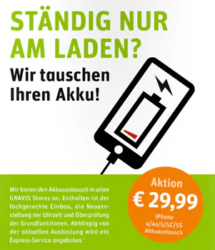 Akkutausch für Apple iPhone für 30€ in allen Gravis Filialen - iPhone 4 bis 5s