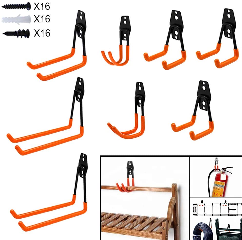 Multi-Größe J-Form und U-Form Universalhaken für Organisation, Tragkraft 35kg（8 Stück Orange Doppelhaken）