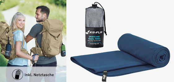 Perfekt für den nächsten Strandurlaub oder das Gym! 🏖️ Fit-Flip Mikrofaser Handtuch (2x1m) für 18€ 🎒