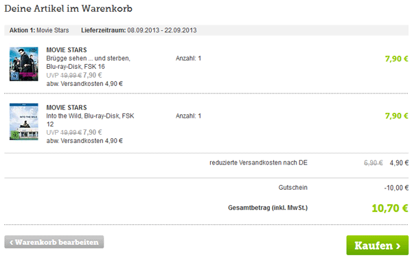 Blu-rays mit 10€ brands4friends Gutschein für 5,35€ - z.B.  Brügge sehen... und sterben, Into the Wild, uvm.