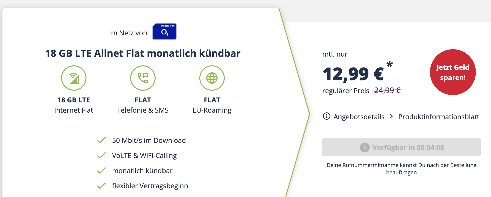 Bis morgen! Telefónica green LTE 18 GB für 13,40€/Monat - 18GB LTE, Allnet- &amp; SMS-Flat, EU-Roaming + monatlich kündbar