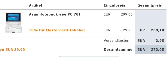 EEE PC für 273,05 inkl. Versand