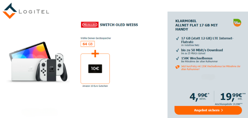 10€ Amazon-Gutschein und 150€ Wechselbonus! 🤩 Nintendo Switch Oled + 17 GB LTE Klarmobil Allnet-Flat für 19,99€ mtl.