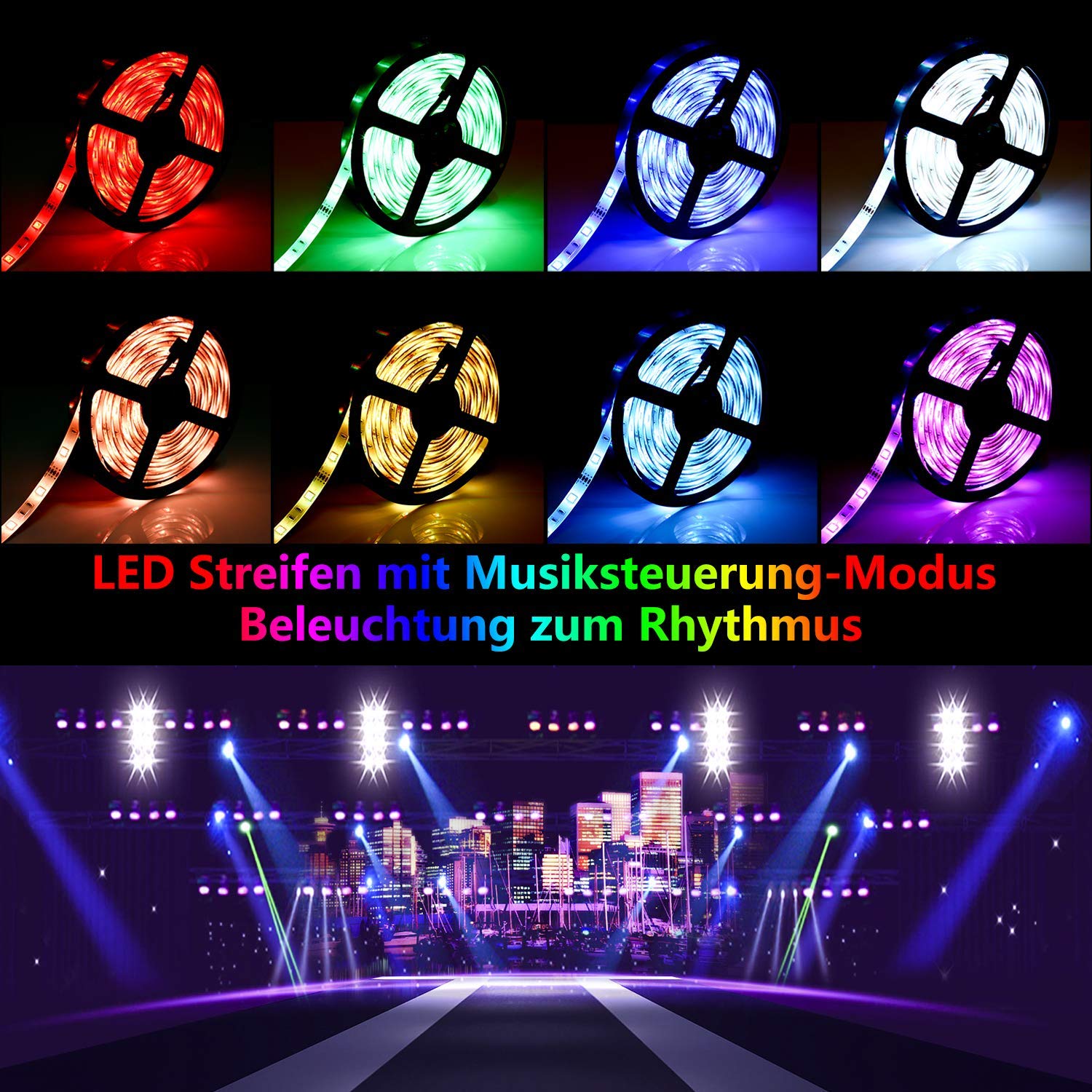 LED Stripes RGB Streifen 10 m Musik Licht Fernbedienung 5050 SMD 300 LEDer Trafo 12V 5A selbstklebend dimmbar verlängerbar schneidbar Band 