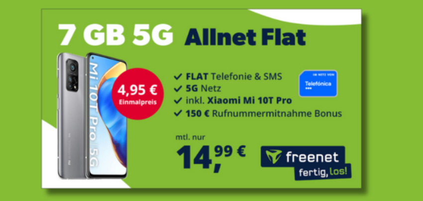 Xiaomi Mi 10T Pro eff. gratis - mit 7GB Telefonica Allnet-Flat für 14,99€ mtl. 