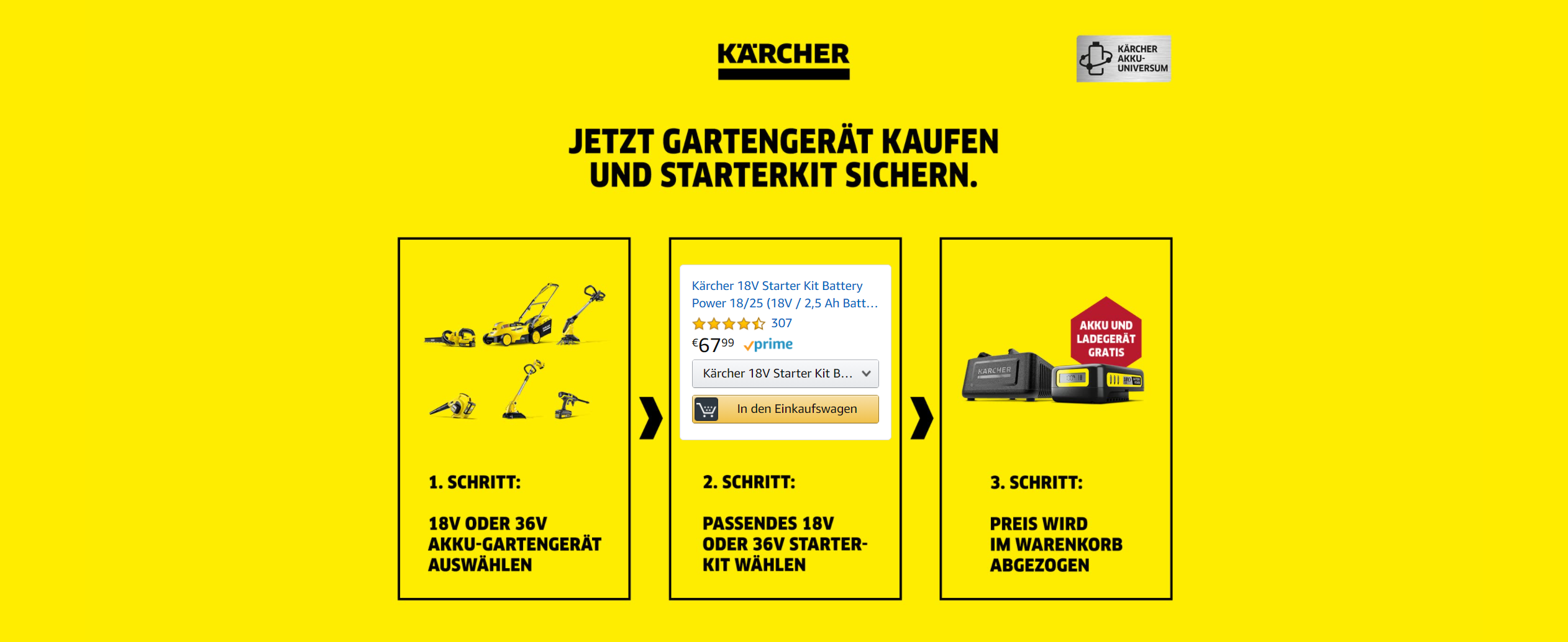 Kärcher-Artikel kaufen &amp; Akku + Ladegerät kostenlos erhalten bei Amazon - z. B. Kärcher Rasenmäher LMO18-33 mit Akku &amp; Ladegerät für 163€
